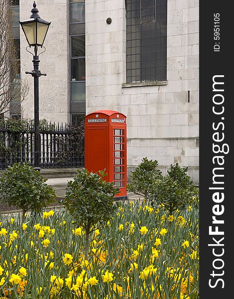 Red telephone box near St. Pauls cathedral in central London,UK.