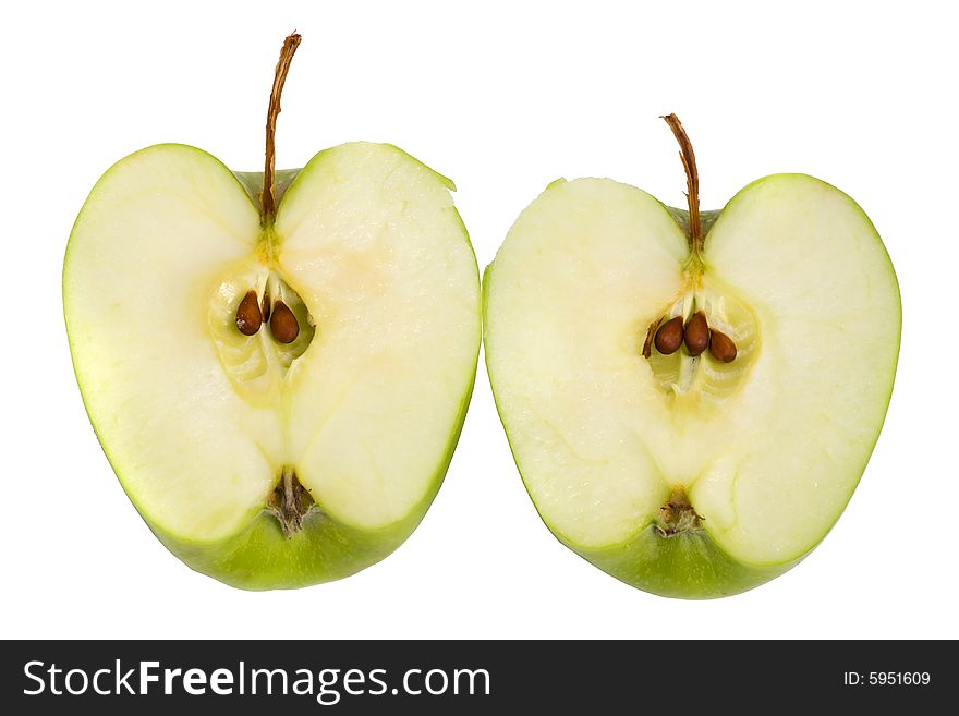 Apple cut into half. On a white background.