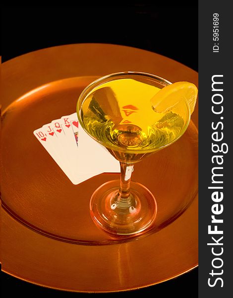 Yellow Cocktail And Royal Flush On Tray