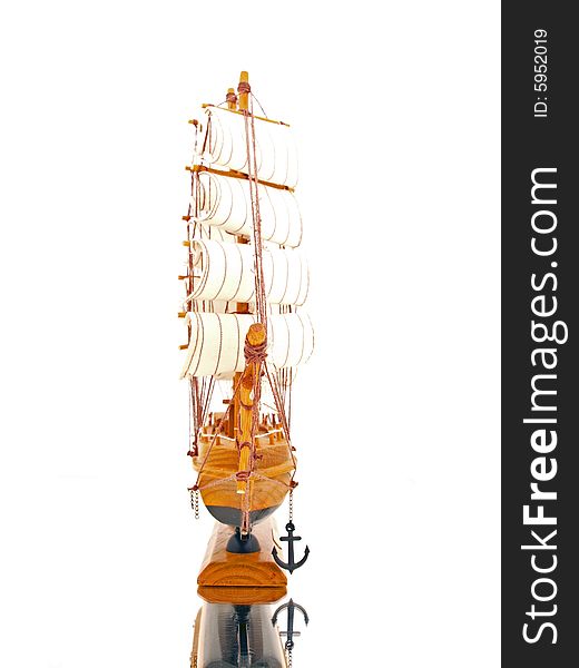 Vintage brown wooden model sail ship front view. Vintage brown wooden model sail ship front view