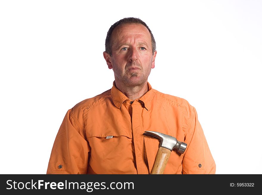 Portrait of senior man holding hammer. Portrait of senior man holding hammer