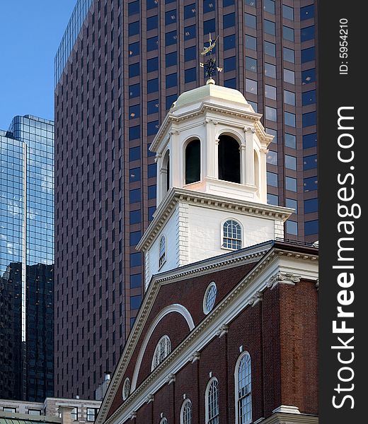 Historic Brick Church and Modern Buildings blue sky. Historic Brick Church and Modern Buildings blue sky