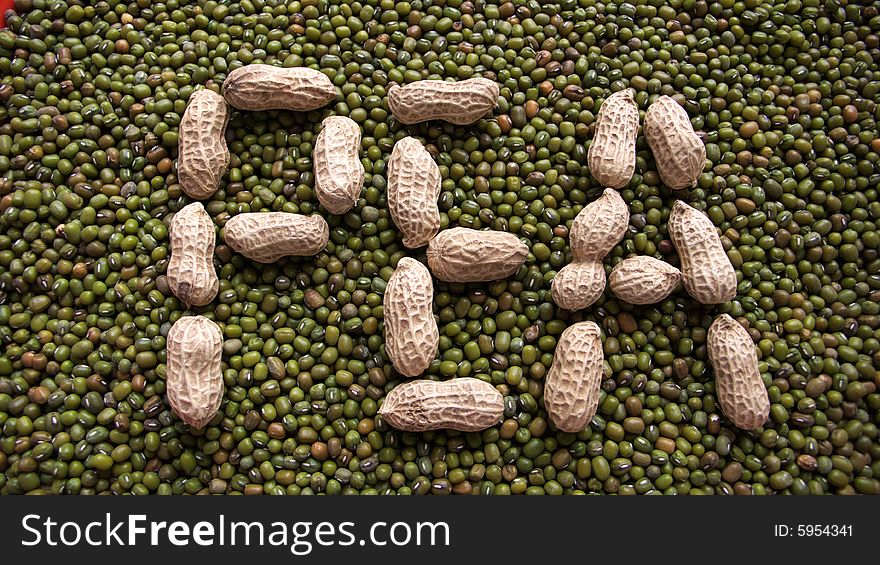 Letters“PEA”on backgound of mung beans. Letters“PEA”on backgound of mung beans