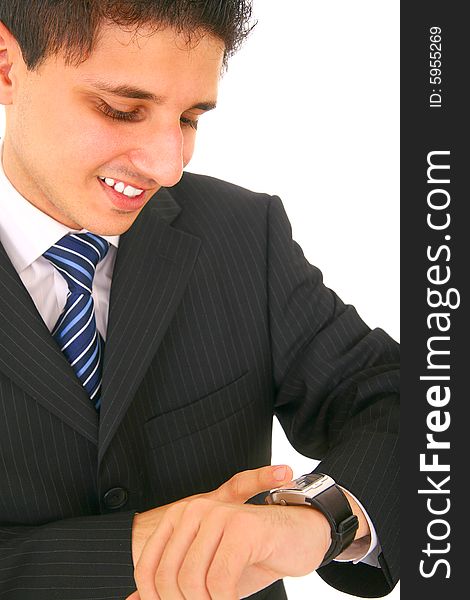 Businessman checking time on his watch. isolated on white background