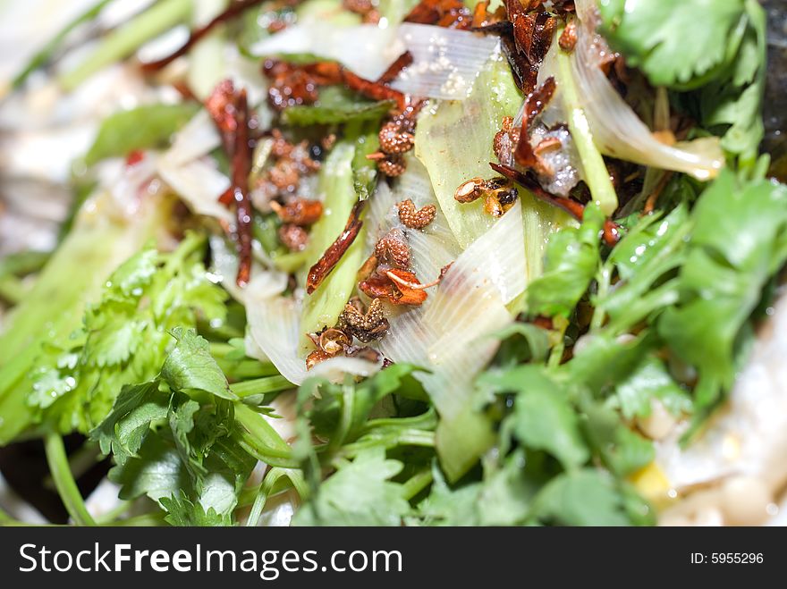 Chinese Dish seasoning inlcude chili, spring onion, and caraway