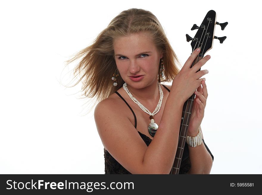 Blond woman with guitar isolated on white background