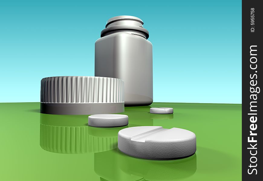 3D generated picture with medical pills and bottle. 3D generated picture with medical pills and bottle.