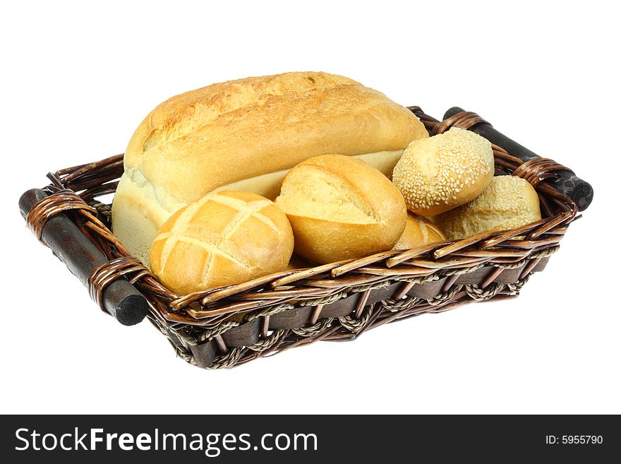 Basket of wheat bread and buns. Basket of wheat bread and buns.