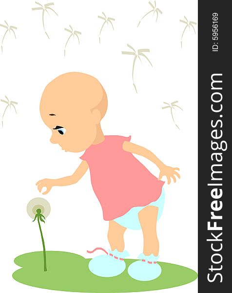 Vector illustration of baby touching dandelion