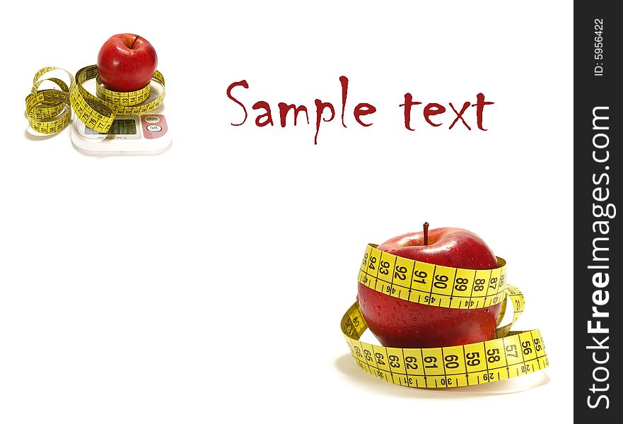 Red apple, scale and tape measure isolated. Red apple, scale and tape measure isolated