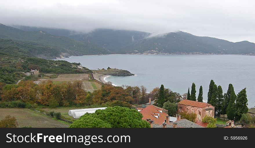 General view of Mount Athos religious place from Batopedi monastery in Greece.