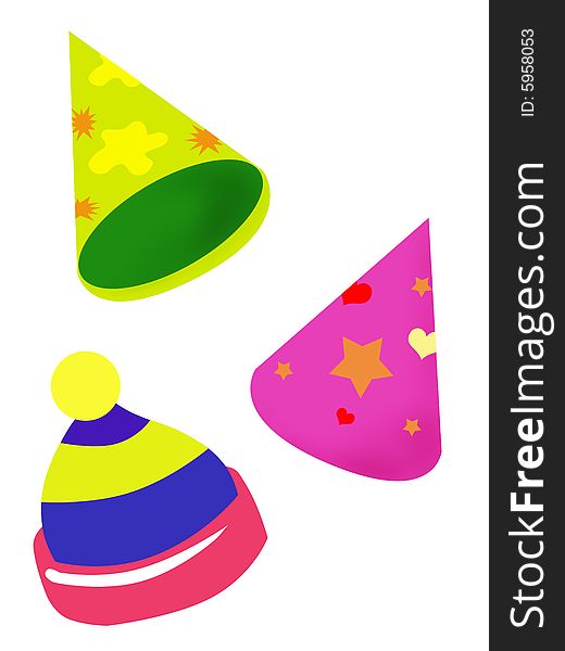 A set of brightly colored party hat symbol on white background