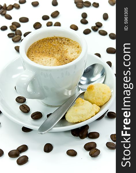 Espresso and coffee beans on the white background,