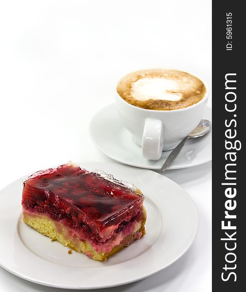 Cappuccino with  raspberry pie -i solated on white