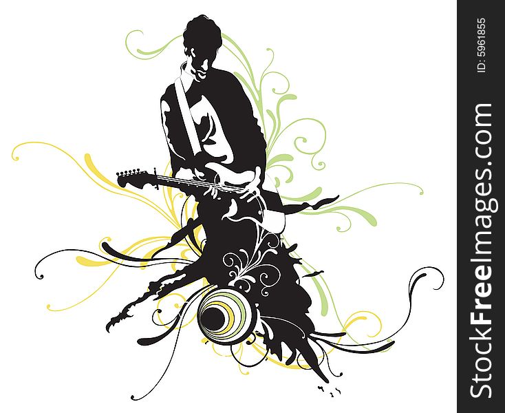 Illustration of a guitarist and decorative patterns