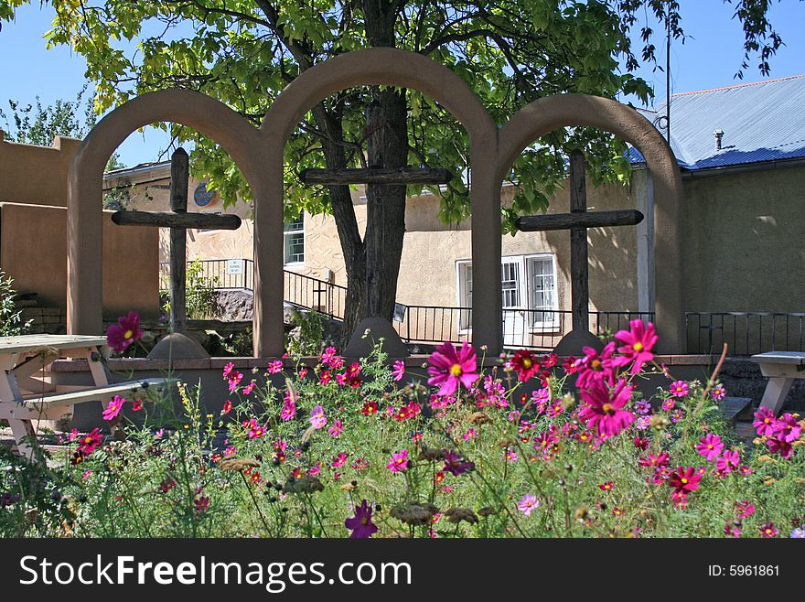 Wildflowers in a courtyard of a church in New Mexico.