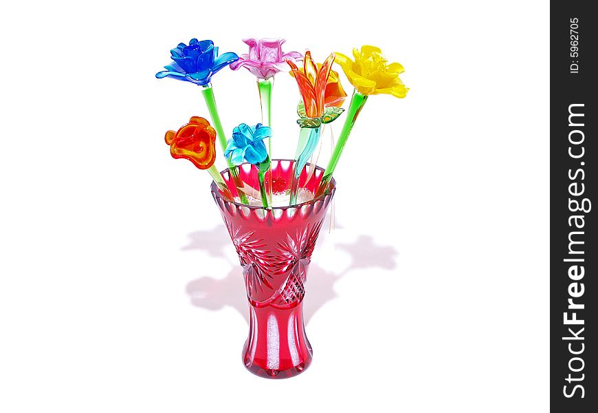 Assorted Crystal flowers in Red Colored Vase. Assorted Crystal flowers in Red Colored Vase