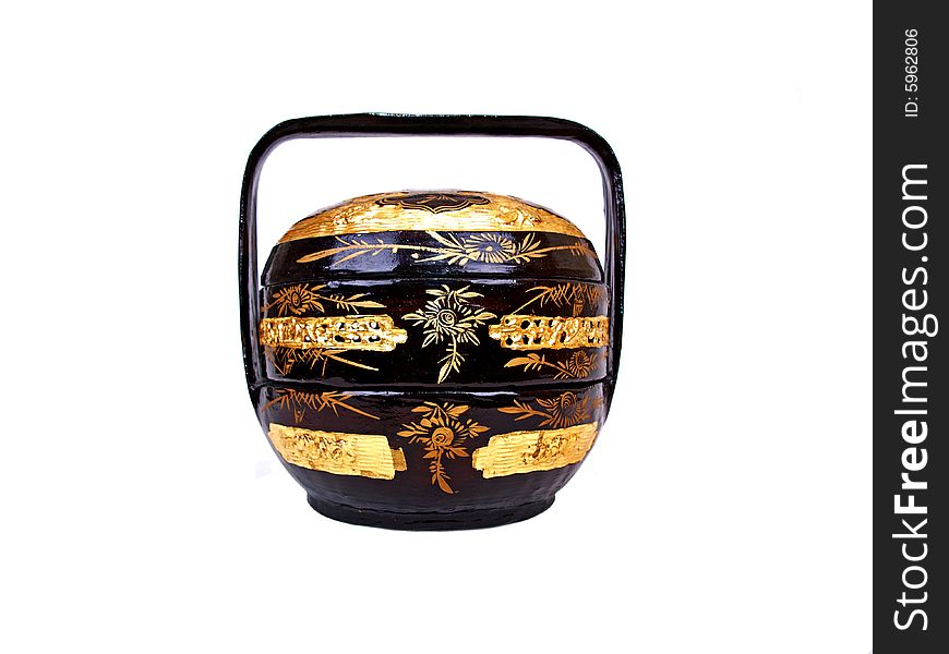 Black Oriental gold decorated ornamental dumplings basket. Black Oriental gold decorated ornamental dumplings basket