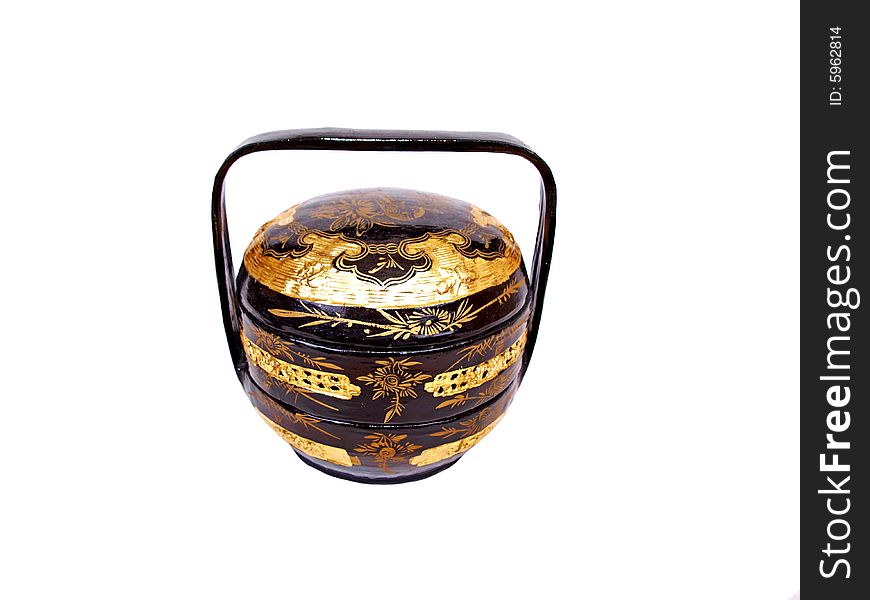 Black Oriental gold decorated ornamental dumplings basket top front view