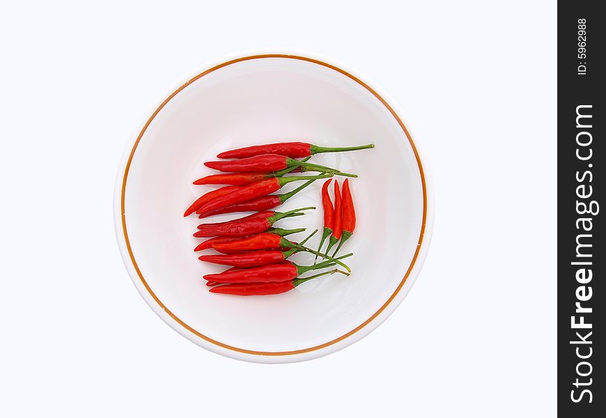 Small Red Chilies in white brown rimmed ceramic bowl