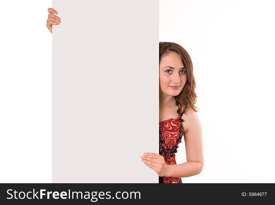 Beautiful woman holding empty gray board