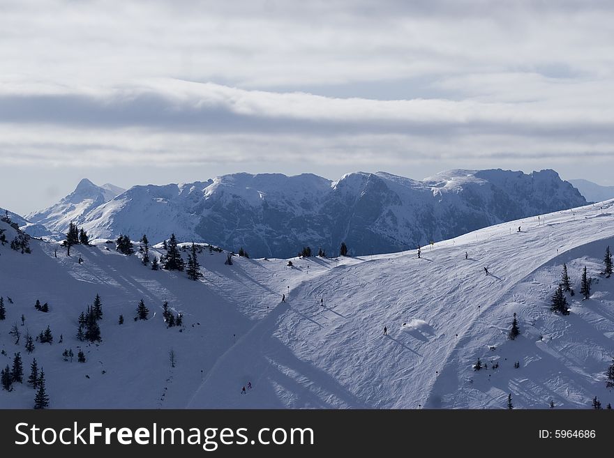 Skiers on the mountain range in the sunny day