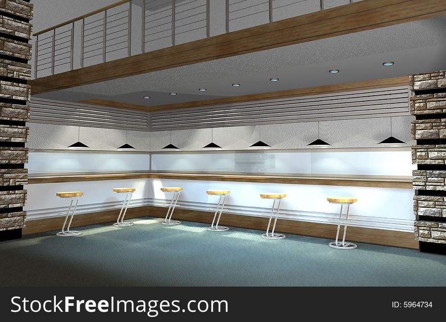 3D render of modern coffe bar or restaurant interior. 3D render of modern coffe bar or restaurant interior