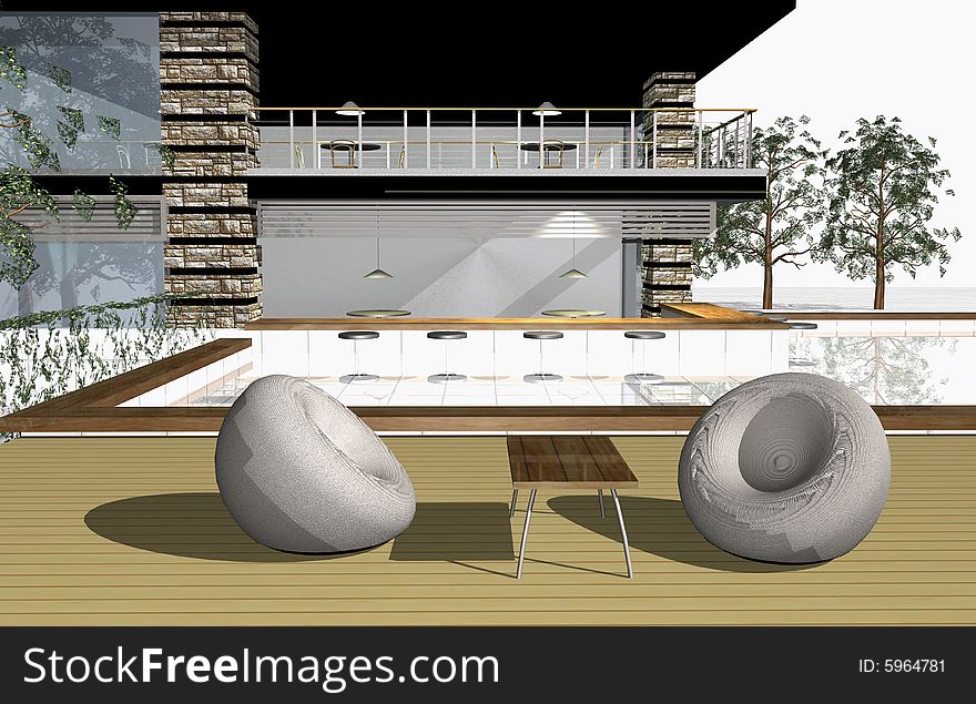 3D render of modern house exterior with bar and swimming pool