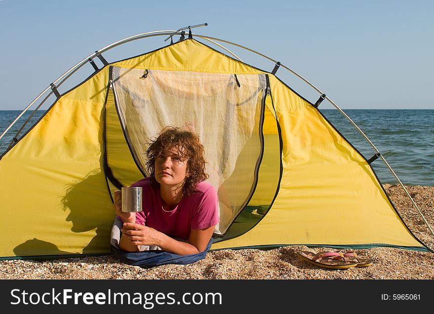 Girl in tent and his shadow. Girl in tent and his shadow