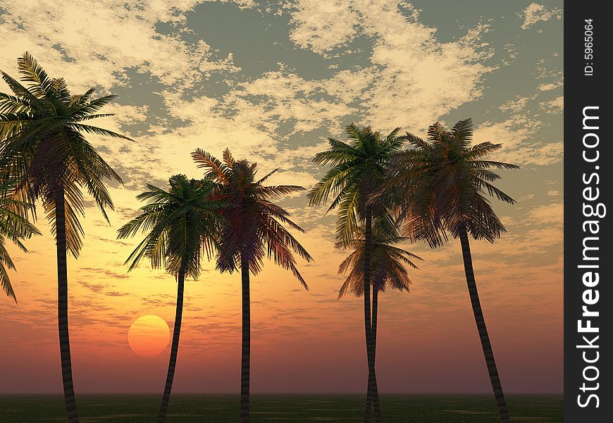 Beautiful sunset with palms. 3d image