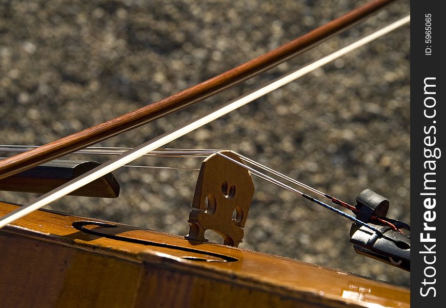 Macro of a viola, the strings, corpus and the bow