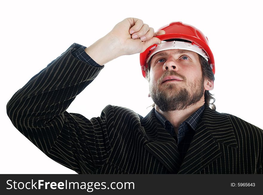 An image of a construction worker looking friendly. Isolated.