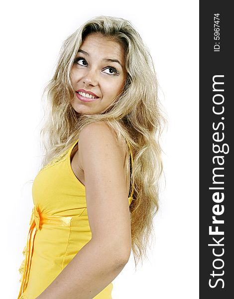 Astonished cute blonde girl on white background. Astonished cute blonde girl on white background