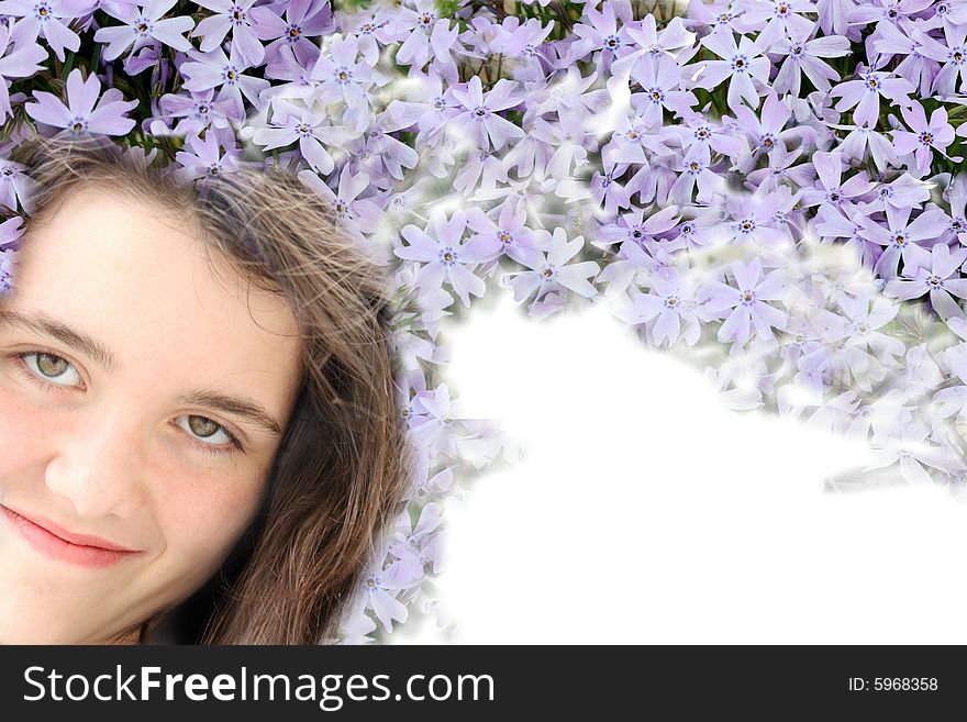 Young beautiful teen girl with purple flowers. Young beautiful teen girl with purple flowers
