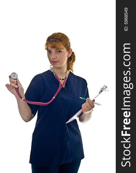 Young female doctor with stethoscope and writing pad over white background
