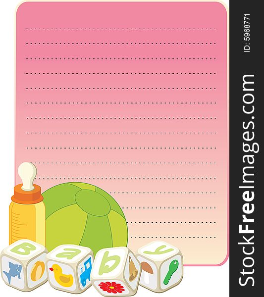Card with toys and baby bottle on tne pink copy-space background. Card with toys and baby bottle on tne pink copy-space background