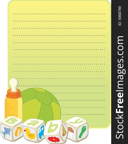 Card with toys and baby bottle on tne green copy-space background. Card with toys and baby bottle on tne green copy-space background