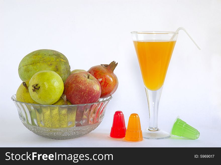 Still life with fruits & fruits juice on white background. Still life with fruits & fruits juice on white background.