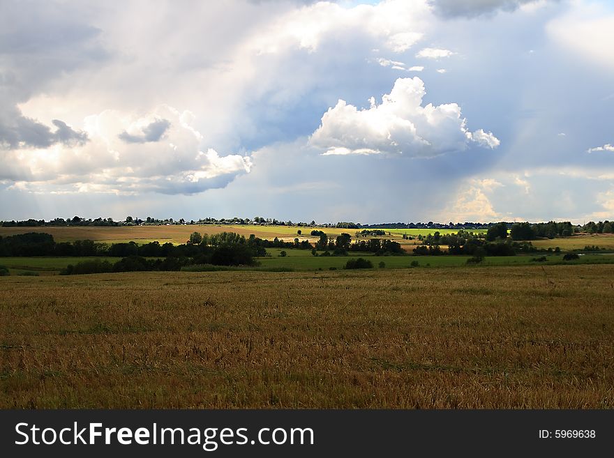 A field shined with sun, in sky clouds, in the distance a horizon line are visible. A field shined with sun, in sky clouds, in the distance a horizon line are visible