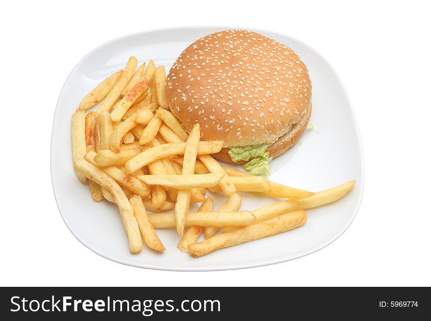Hamburger and fries on white, on white dish, very tasty looking