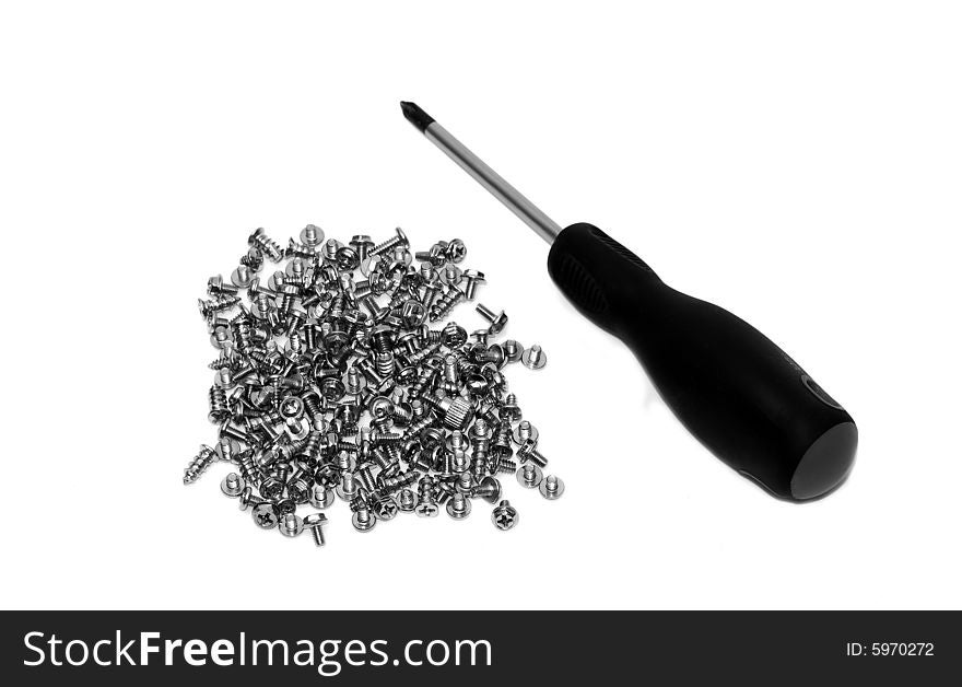Group screw and screw-driver on white background