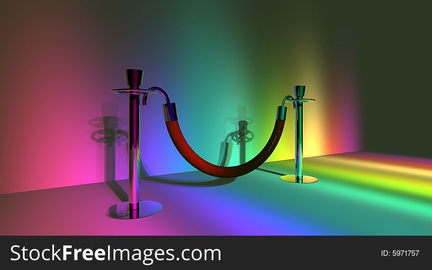 A pair of stanchion barriers lit up in rainbow lighting. A pair of stanchion barriers lit up in rainbow lighting.