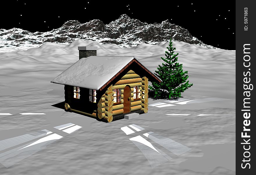 A lone log home sitting on a blanket of snow with a Christmas tree.