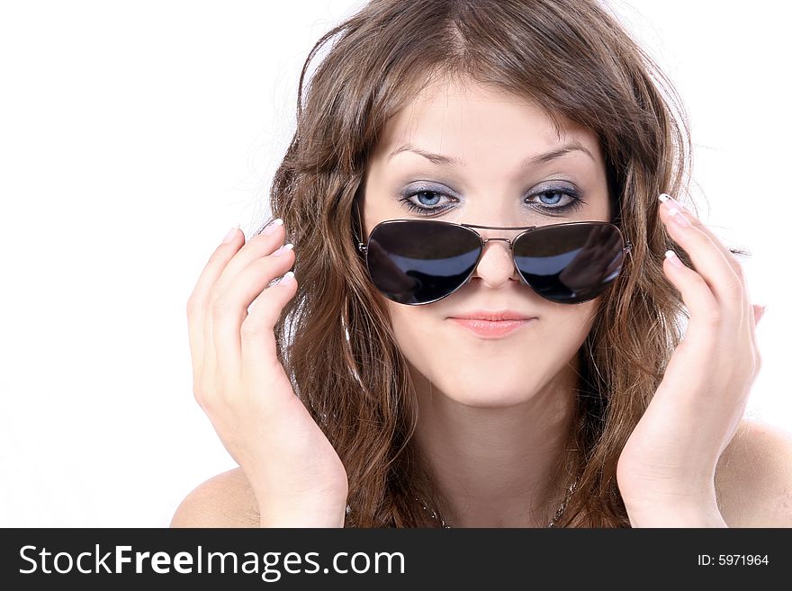 Pretty girl with sunglasses, isolated on white