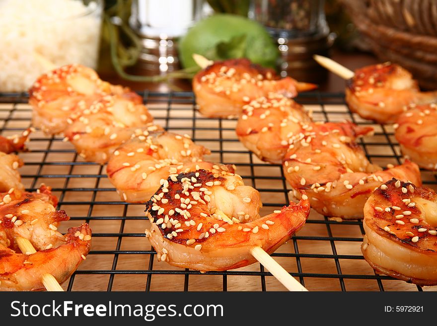 Ginger Teriyaki Shrimp Kebabs in kitchen or restaurant.