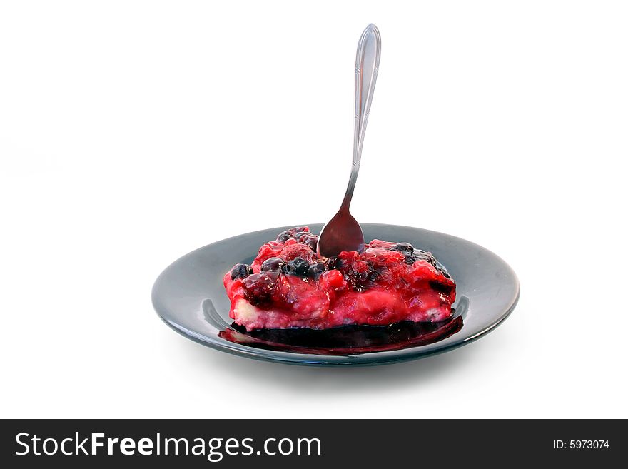 Closeup of a delicious strawberry pie on white background.