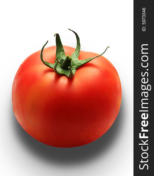 Single red tomato isolated on white with clipping path, studio lighting, drop shadow created in different layers. Single red tomato isolated on white with clipping path, studio lighting, drop shadow created in different layers