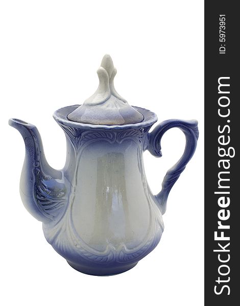 Ceramic teapot it is grey dark blue color with the closed cover on a white background it is isolated