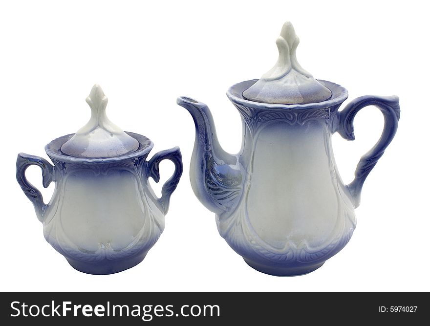 The teapot and sugar bowl ceramic on a white background are isolated. It is time to drink tea.