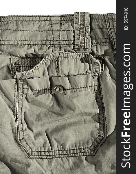 Open khaki pants pocket,crumpled, textured, isolated